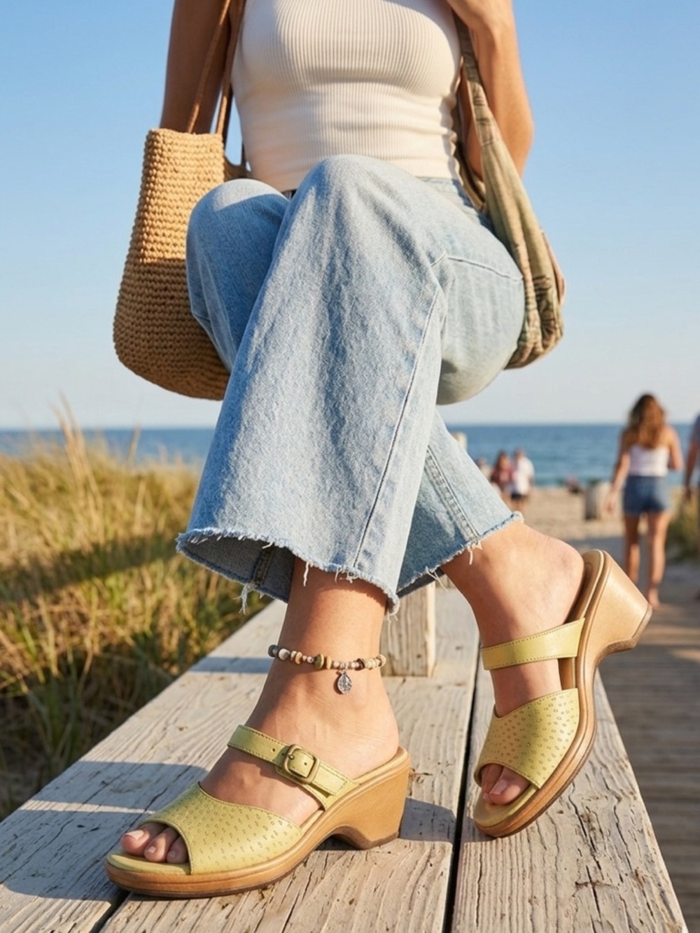 Y2K Dream Perforated Pale Lime Dansko Annabelle Platform Wedge Sandals, sz 38
